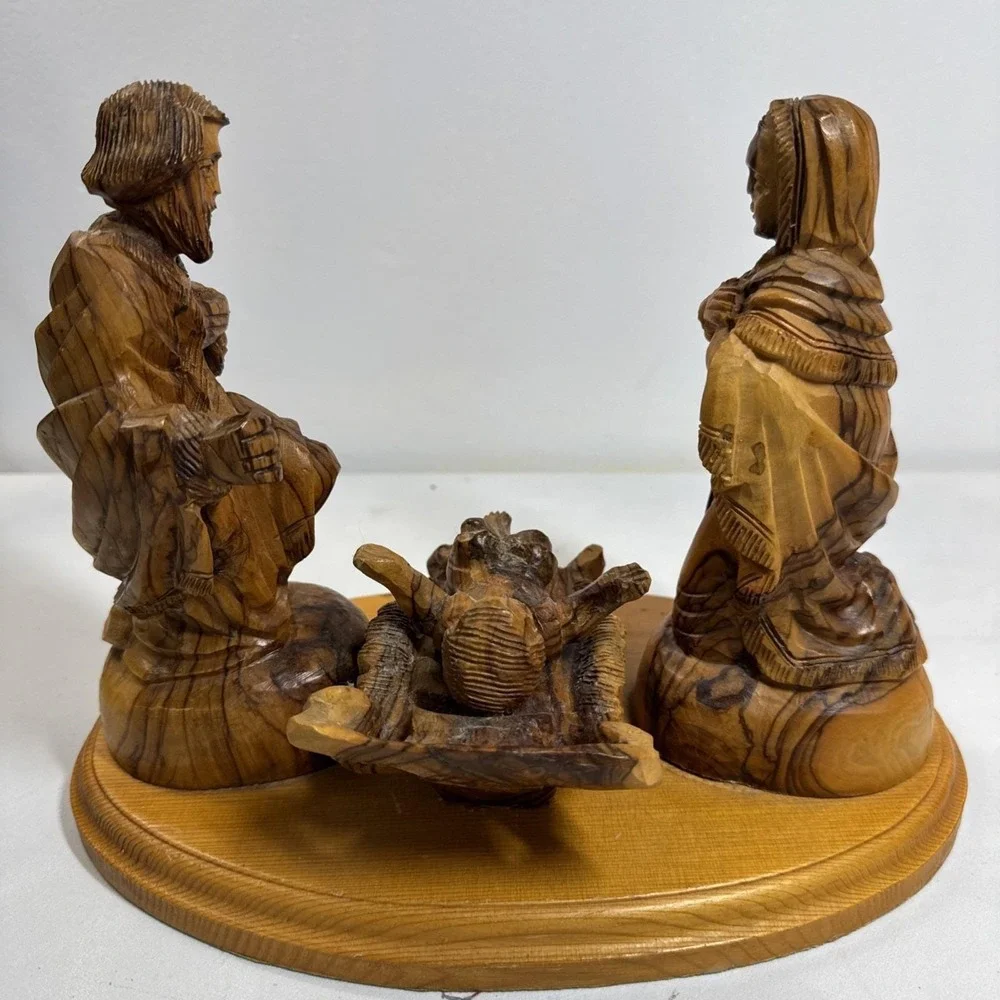 Hand Carved Olive Wood Nativity Scene Holy Family Manger Set on Wooden Base